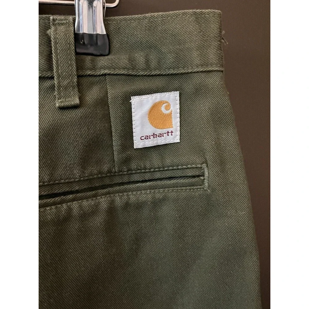 VTG Y2K Carhartt WIP Pleated Pants Mens Olive Green Canvas Chino Trousers 36/30